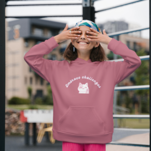 girl standing, having fun, wearing comfy positive affirmation pink hoodie